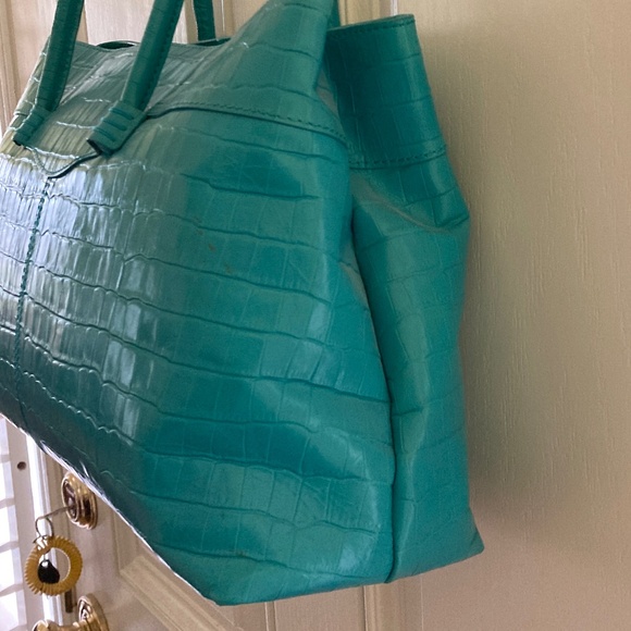 Maxx NY Croco Embossed Leather Double Handle Satchel/Turquoise/EUC/REDUCED PRICE - Picture 4 of 15